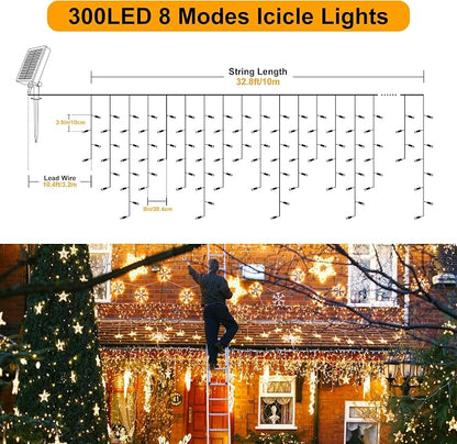 300 LED Solar Icicle Lights Outdoor with Remote Control, 33ft 8 Modes Curtain String Lights with 50 Drops, Christmas Holiday Wedding Party Decorations, Warm White
