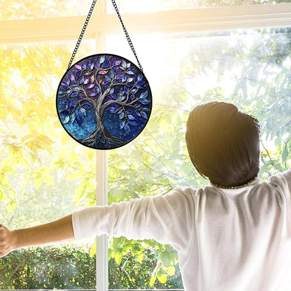 Stained Glass Window Hanging, Blue Purple Tree of Life Sun Catchers Colorful Glass Panel Plants Suncatcher Decor for Birthday for Women,Men,Wife, Lovers, and Mom 6.3 in