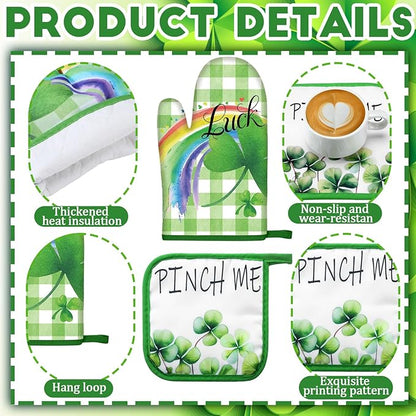 Fourluoo 10 Pcs St Patricks Day Kitchen Set Shamrocks Kitchen Towels and Rugs Oven Mitts and Pot Holders Irish Decor for Women Mom Gift Cooking Baking Grilling