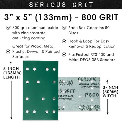 Serious Grit - 3" x 5" (80mm x 133mm) 14-Hole 800 Grit Sanding Sheets - Fits Festool RTS 400 & Mirka Deos 353 - Heavy-Duty Hook & Loop Film Abrasives - Sandpaper for Sheet Sanders - 50 Pack Box
