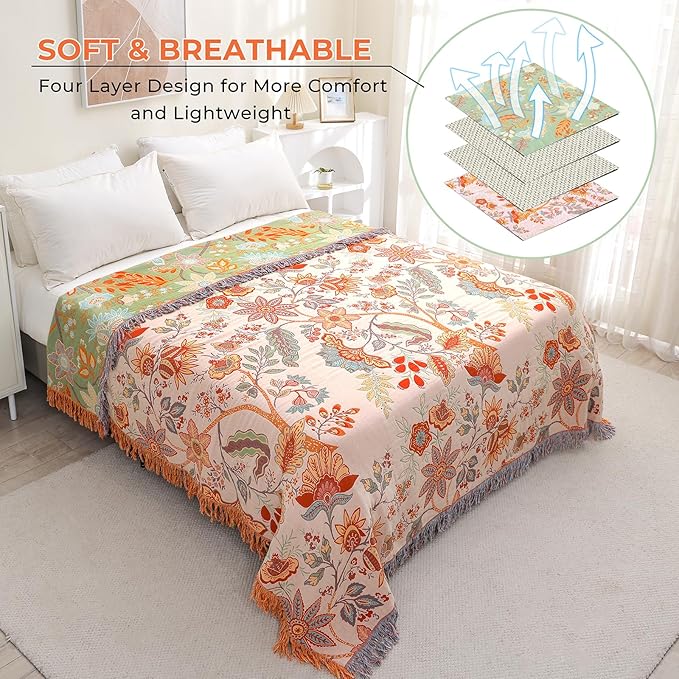 Boho Fall Throw Blanket for Bed，100% Ultra Cotton Soft Breathable Bed Throw Floral Printed Farmhouse Decor Rustic Bed Throws for Couch Sofa Quilt 60" x 80"-Orange& Sage Green