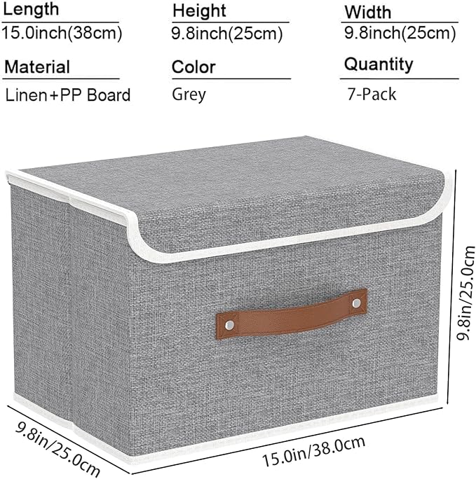 Yawinhe Collapsible Storage Bin, Cube Organizer Basket, Fabric Box with Lids, Washable and Leather Handle, for Home, Closet, Grey, 15.0''Lx9.8''Wx9.8''H, 7-Pack, USNK024GL-7