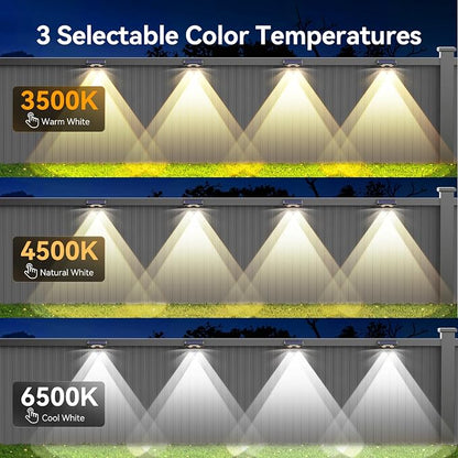 TECKNET Solar Fence Lights Outdoor 6 Pack, 3 Modes 3500K/4500K/6500K, IP66 Waterproof LED Deck Light, Dusk to Dawn Fence Lights Solar for Wall, Railing, Step, Patio, Pool, Backyard, Outside