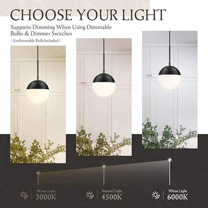 6 Inch Black 2 Pack Mid Century Modern Pendant Light Pendants for Kitchen Island Frosted Milky White Glass Globe Height-Adjustable Modern Hanging Globe Pendant Light for Bedroom (Bulb Incl)