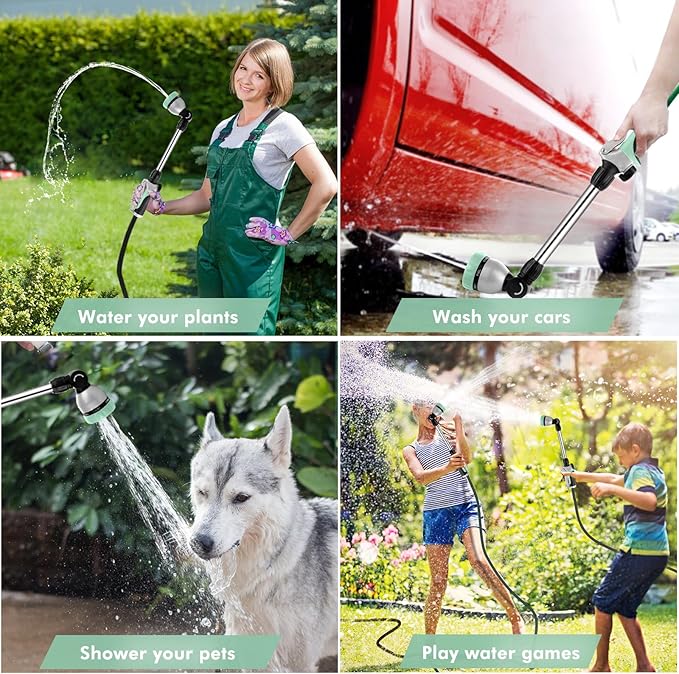 RESTMO Metal Watering Wand, Heavy Duty Garden Hose Wand with 180° Swivel Ratcheting Head, 16'' Hose Nozzle Sprayer with 7 Spray Patterns and Flow Control, for Water Hanging Baskets and Shrubs, Cyan