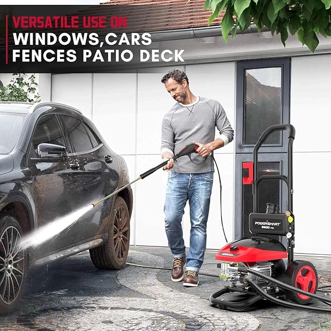 PowerSmart 2600 PSI Electric Pressure Washer with Induction Brushless Motor, 1.2 GPM High Pressure Cleaner, 5 Nozzles, 8” Wheels, Detergent Tank, for Car, Patio, Fence, Driveway Cleaning