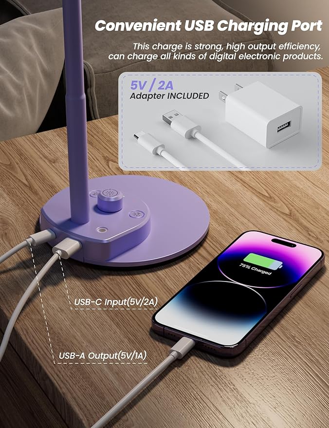 BOHON LED Desk Lamp with USB Charging Port, 3 Color Modes Fully Dimmable Reading Lamp, Auto Dimming Task Lamp, Flexible Neck Table Light for Office Dorm Bedside, Adapter Include