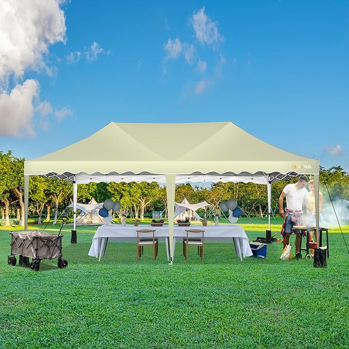 HOTEEL 10x20 Pop Up Canopy, Outdoor Easy Setup Party Tent, Waterproof Portable Enclosed Event Shelter with Wheeled Bag, Weight Bag for Backyard, Vendor, Khaki