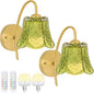 Wireless Wall Sconce with Flower lampshade, Battery Operated Wall Lights,Wall lamp with 15 Colors for Bedroom Living Room Home Decor (Green Flower,2 Light Battery Operated)