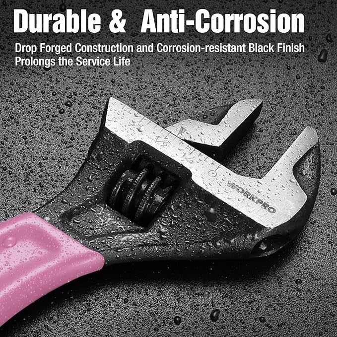 WORKPRO 6-Inch Pink Adjustable Wrench, Cr-V Steel, Wide Jaw Black Oxide Wrench, Metric & SAE Scales, for Home, Garage, Workshop and DIY-Pink Ribbon
