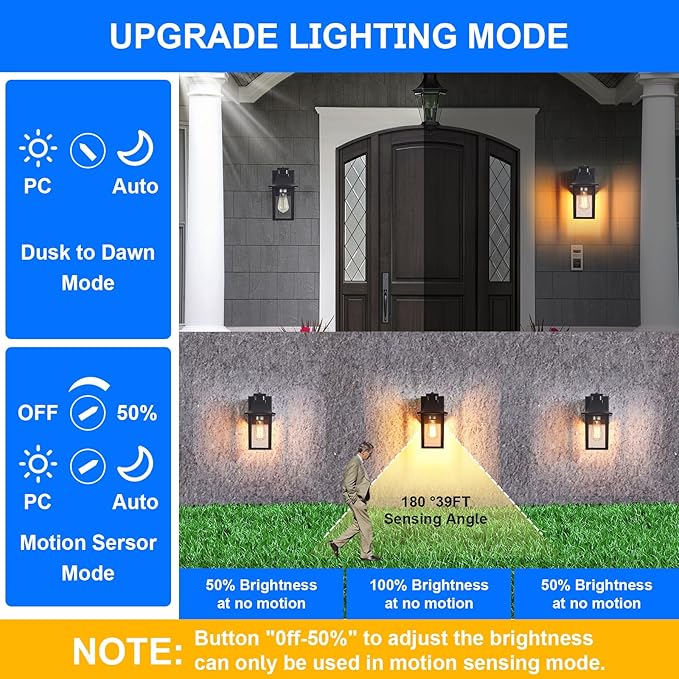 Porch Light with GFCI Outlet Dusk to Dawn Motion Sensor Outdoor Light 3 Light Modes Exterior Light Fixture Waterproof Outside Wall Light for House Patio Garage