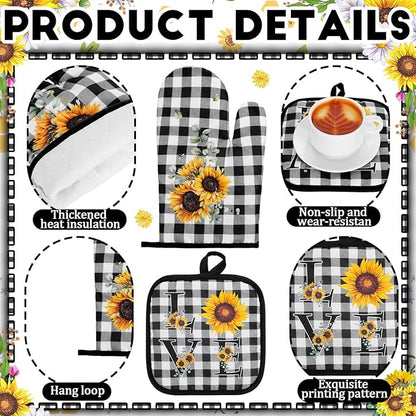 10 Pcs Sunflower Kitchen Decor 4 Black and White Buffalo Plaid Dish Towels 2 Buffalo Check Pot Holders 2 Rustic Sunflower Oven Mitts 2 Yellow Rugs for Cooking Baking Mom Housewarming Gift
