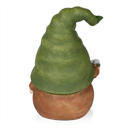 Alpine Corporation QWR1442 Outdoor Gnome with Green Hat Holding a Flower for Garden, Patio, and Lawn, 10" H, Multicolor