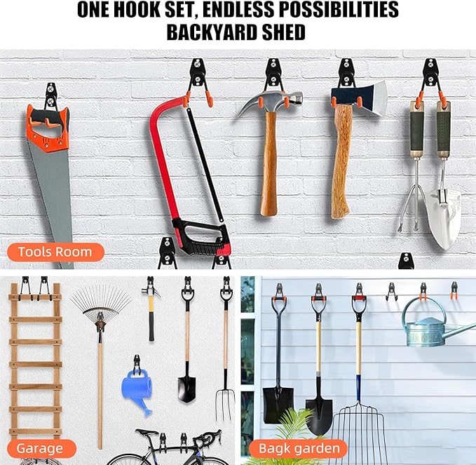 CRXCRC Garage Hooks, 4 Pack Large Square Wall Hooks for Hanging Heavy Duty Ladders, Bikes, Tools Ideal for Garage, Garden, Basement Utility Room Storage (Orange)