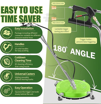 30" Pressure Washer Surface Cleaner with 4 Wheels - Coated Green Dual Handle Stainless Steel Surface Cleaner for Pressure Washer Attachment for Concrete, Patio, Sidewalk, Deck and Driveways - PWS30G