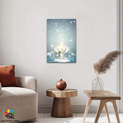 Zen White Lotus Flower Canvas Wall Art, Lotus Flower Pictures Bathroom Zen Print, Spiritual Water Lily Canvas Prints, Lotus Bloom on Water Poster, Zen Calm Relax Artwork for Yoga Spa Room 12x18 inch