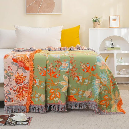 Boho Fall Throw Blanket for Bed，100% Ultra Cotton Soft Breathable Bed Throw Floral Printed Farmhouse Decor Rustic Bed Throws for Couch Sofa Quilt 60" x 80"-Orange& Sage Green