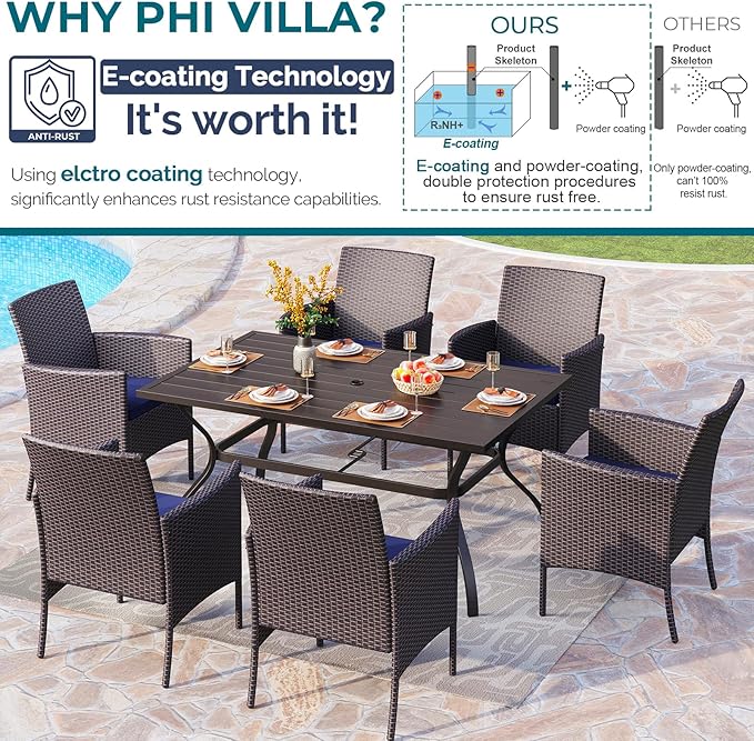 PHI VILLA 7 Piece Outdoor Dining Set with Umbrella, 60” Rectangular Metal Dining Table & 6 Cushioned Rattan Wicker Chairs & 13ft Large Blue Umbrella for Patio, Deck, Yard, Porch