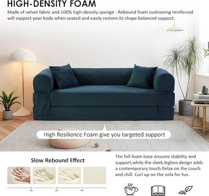 80" Convertible Sofa Bed, Corduroy Deep Seat Folding Pull Out Couch with Pillows, No Assembly Modern Boneless Couch Compression Sofa in Box, Floor Sofa with Storage Pocket for Living Room,Dark Blue