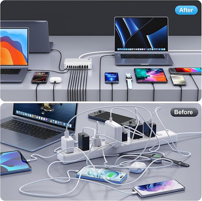730W USB C Charger Block,10-Ports GaN V Fast Charging Station Hub,QC4.0+Three PD 100W Laptop Charger Wall Power Adapter for MacBook Pro/Air,DELL,iPhone 17/16/15,iPad,Galaxy S25,Pixel,Steam Desk etc