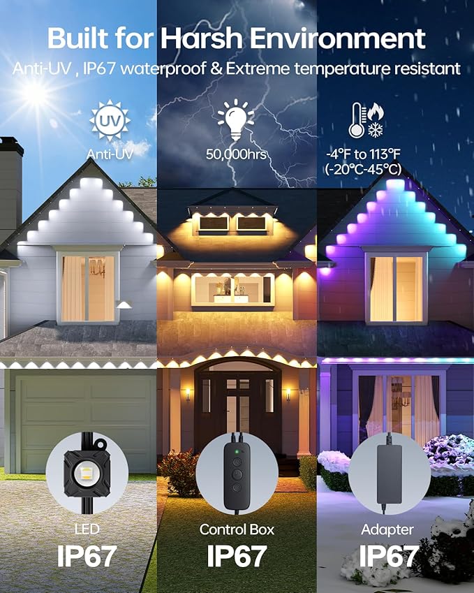 ASAHOM Permanent Outdoor Lights Pro S108E, 300FT with 216 RGBCW LEDs, WLED Integration, AI Lighting, 30000 Lighting Effect Combinations, IP67 Waterproof for Christmas New Year Daily Decor, Black