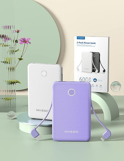6000mah Ultra Slim Built in Cables Power Bank, Card Size Built in USB C Cords Battery Pack Portable Charger for Phones, 3 Output External Battery Pack Compatible with iPhone, 2-Pack White & Purple