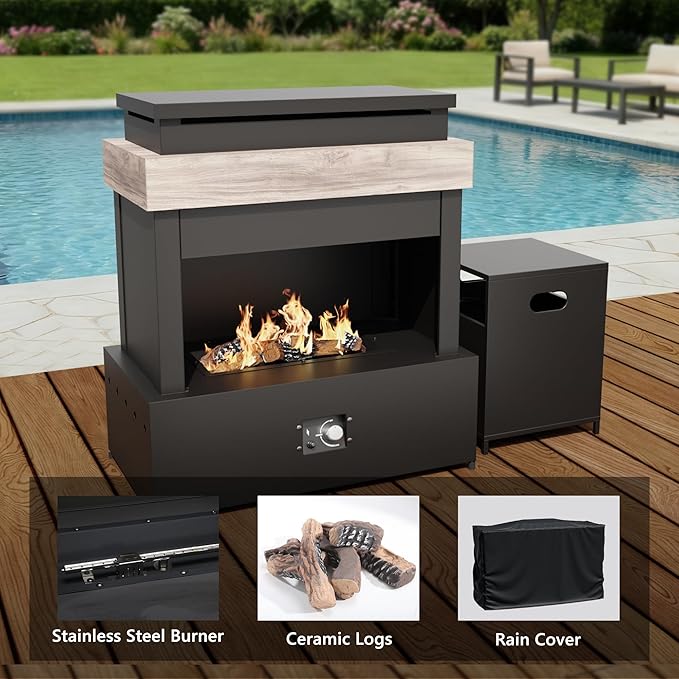 Aluminum Outdoor Conversation Furniture Set with Furniture Covers & 6" Cushions- Patio 79" Sofa with 4 Chairs & 63" Steel Propane Fireplace, 50,000 BTU Fire Pit with CSA Certified (Beige)