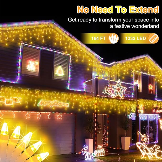 1296LED Christmas Lights with 288 Drops, 131ft 8 Modes Christmas String Lights Outdoor, Waterproof Christmas Decorations Fairy Lights with Timer Memory for Xmas Party Patio Window Fence Warm White