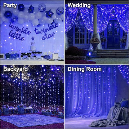 HXWEIYE 300LED Fairy Curtain Lights, 9.8x9.8Ft USB Plug-in 8 Modes Christmas String Hanging Lights with Remote for Bedroom Backdrop Wedding Indoor Wall Decor, Blue, Standard – 1 Pack