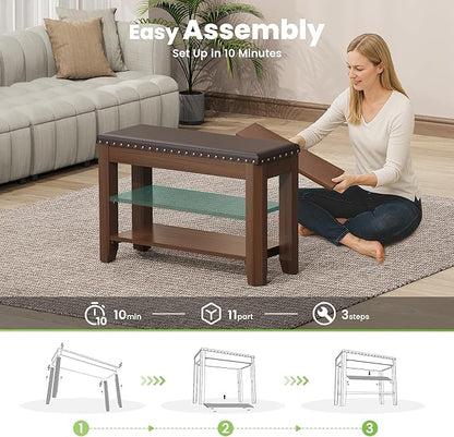 Shoe Bench for Entryway, Solid Rubberwood Shoe Bench with Hidden Storage, Adjustable 2-Tier Shelves & Soft PU Leather Seat, Shoe Rack Durable Easy Assembly for Hallway or Bedroom - Brown, 31.5"