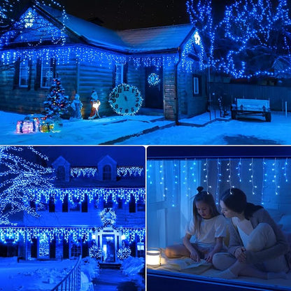 Icicle Lights Outdoor Decorations 300 LED 33ft 8 Modes Curtain Fairy String Light with 50 Drops, LED String Light Indoor for Wedding Party Holiday Christmas Decorations,Blue+White