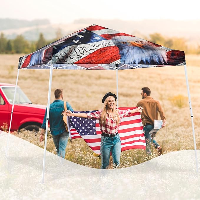 EAGLE PEAK 10x10 Slant Leg Pop-up Canopy Tent Easy One Person Setup Instant Outdoor Beach Canopy Folding Portable Sports Shelter 10x10 Base 8x8 Top (American Icon)