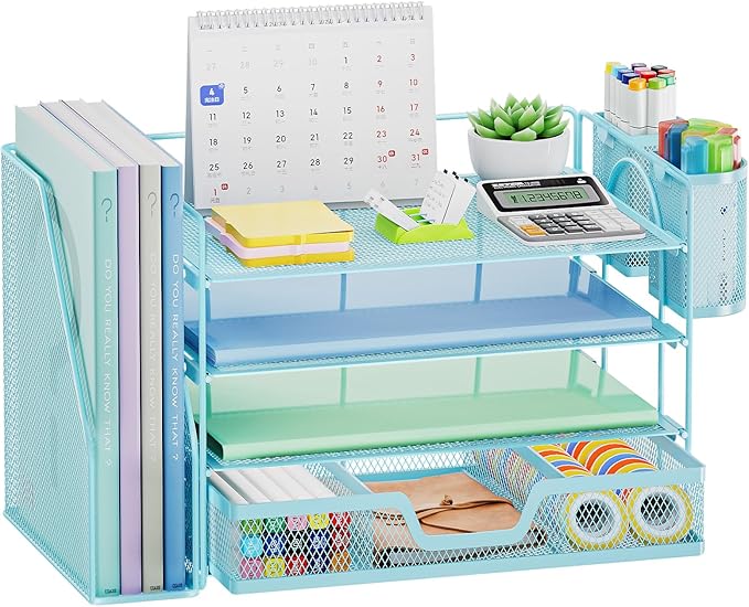 Marbrasse Desk Organizer and Accessories，4-Tier Paper Letter Tray Organizer with File Holder, Desk Accessories & Workspace Organizers with Drawer and 2 Pen Holder (Blue, 15.4" x 9.1" x 8.3")