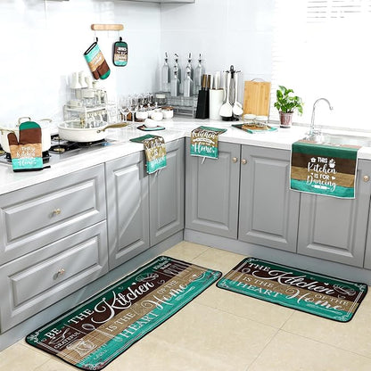 Fourluoo 10 Pcs Farmhouse Kitchen Decor and Accessories Set 4 Kitchen Towels 2 Pot Holders 2 Oven Mitts 2 Rugs for Cooking Baking Mom Housewarming Gifts(Green,Classic Style)