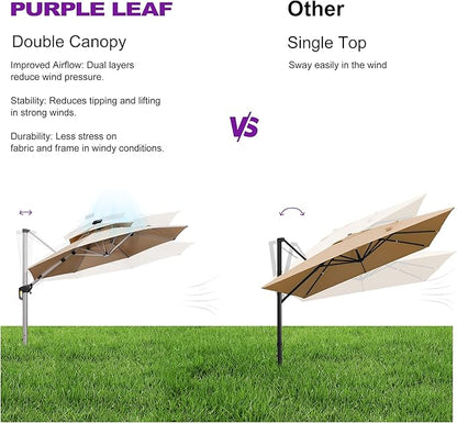 PURPLE LEAF 10ft Solar powered LED Patio Umbrella Outdoor Round Umbrellas Large Cantilever Umbrella with LED lights Windproof Offset Umbrellas Heavy Duty for Garden Deck Pool Patio, Beige
