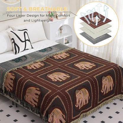 Boho Throw Blanket for Bed with Tassels,100% Cotton Ultra Soft and Cozy Large Blanket Elephant Printed Farmhouse Decor Bed Blankets,60"×80" All Season Rustic Throw for Sofa Couch Chair-Brown