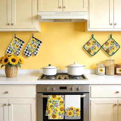 8 Pcs Sunflower Plaid Kitchen Towels and Dishcloths Sets - Pot Holders and Oven Mitts Set Kitchen Accessories 4 Dish Towels 2 Absorbent Square Potholders for Cooking Baking Farmhome Gifts