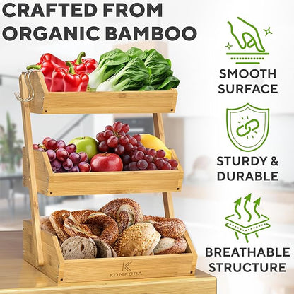 KOMFORA Bamboo Fruit Basket 3-Tier - Premium Produce Basket for Kitchen w/ 2 Hangers - Durable & Easy to Assemble Stand for Countertop - Perfect Holder for Vegetables, Bread, Snacks & More