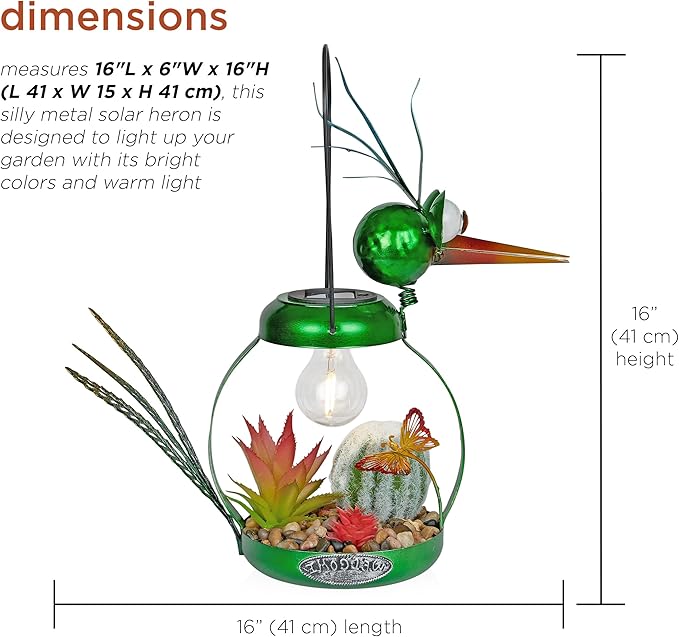 Alpine Corporation LYT292SLR-HH Solar-Powered Metal Heron w/Garden Enclosed LED Light Decor, Solar Patio Decor, 16''H, Green