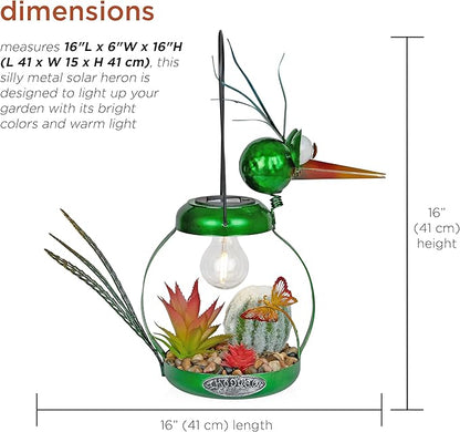 Alpine Corporation LYT292SLR-HH Solar-Powered Metal Heron w/Garden Enclosed LED Light Decor, Solar Patio Decor, 16''H, Green