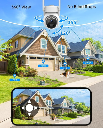 Solar Security Cameras Wireless Outdoor -2K WiFi Cameras for Home Security with Solar/Battery Powered,360° PTZ Solar Camera Outdoor Wireless, 2-Way Audio, Motion Alert, IP66