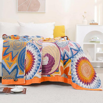King Throw Blanket for Bed 100% Cotton Boho Oversized Soft Cozy Muslin Quilt Blanket Double Embroider Sun, Vintage Farmhouse Cottage Woven All Season Blankets for Bedding Couch,90"×98"