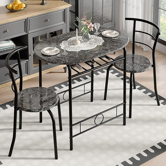 VECELO 3-Piece Dining Table Set for Kitchen Breakfast Nook, Wood Grain Oval Tabletop and Metal Frame with Built-in Wine Rack, for Small Spaces, Faux Marble & Black