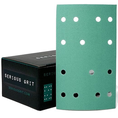 Serious Grit - 3" x 5" (80mm x 133mm) 14-Hole 220 Grit Sanding Sheets - Fits Festool RTS 400 & Mirka Deos 353 - Heavy-Duty Hook & Loop Film Abrasives - Sandpaper for Sheet Sanders - 50 Pack Box
