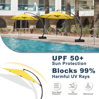 11FT Cantilever Umbrella with Base Large Curvy Outdoor Aluminum Offset Umbrella w/ 360° Rotation, UV Resistant Canopy for Patio, Garden, Backyard, Sunshine Yellow