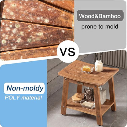 HDPS Shower Bench Seat for Inside, Waterproof Poly Lumber Shower Stool for Shaving Legs, Bathroom Foot Rest with Storage Shelf, Plastic Bath Chair Seat for with Adjustable Feet, No Maintenance, Brown