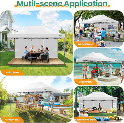 COBIZI 10x15 Heavy Duty Pop up Canopy Tent with 4 sidewalls Commercial Outdoor Canopy Wedding Party Tents for Wedding All Season Wind & Waterproof Gazebo with Carry Bag, White(Frame Thickened)