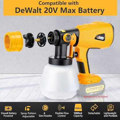 Cordless Paint Sprayer Compatible with DeWalt 20V MAX Battery 1000ml Capacity HVLP Spray Paint Gun 3 Patterns and 4 Nozzles for Wall Fence Furniture House Painting(Battery Not Included)