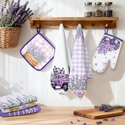 8 Pcs Lavender Spring Kitchen Towels Pot Holders and Oven Mitt Set Kitchen Accessories 4 Dish Towels 2 Absorbent Square Potholders 2 Heat Resistant Glove for Cooking Baking Home Gifting