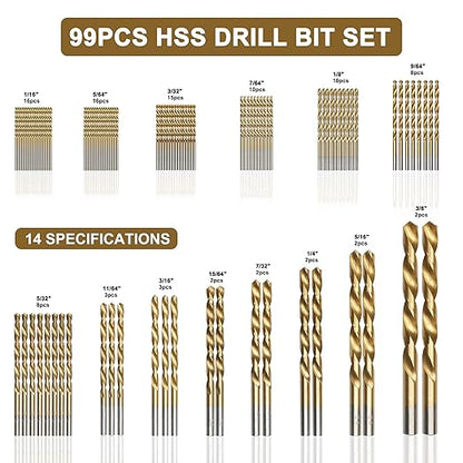 BeHappy 99 Pcs Drill Bit Set, 135° Tip Titanium Coated High Speed Steel, Twist Drill Bit Kit for Iron, Aluminum Alloy, Copper, Wood, Plastic, with Hard Storage 1/16“-3/8”